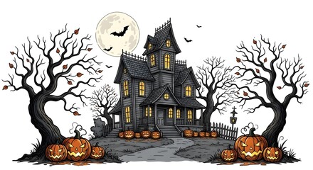 Spooky illustration of a haunted house under a full moon with bats flying around and pumpkins in front. Black trees frame the scene against a white backdrop creating a Halloween atmosphere.