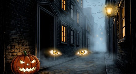 A spooky digital illustration of a narrow street at night with glowing eyes in the shadows and a jack-o'-lantern. Misty atmosphere with illuminated windows and a vintage lamp, evoking Halloween.