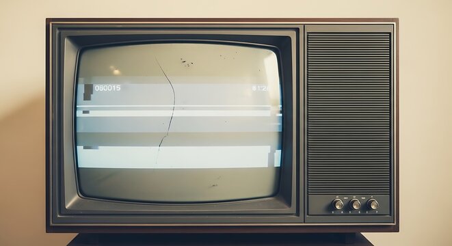 A vintage television set displays static, showcasing a cracked screen and nostalgic design. - Powered by Adobe