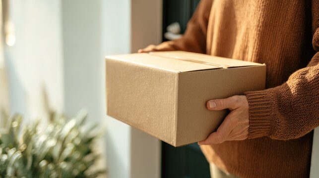 Person holding a cardboard box at a doorway