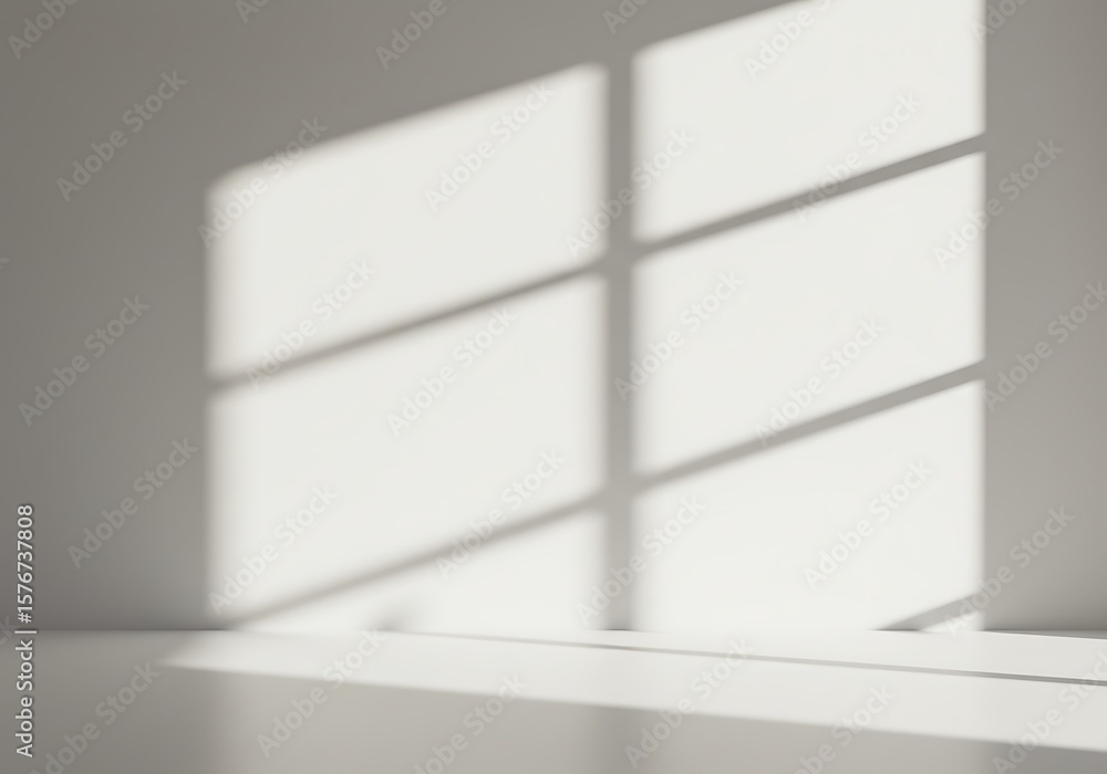 Poster sunlight streams through a window, casting shadows on a white wall and floor in an empty room.