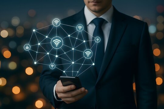 Businessman connecting to global wireless network with smartphone and digital interface