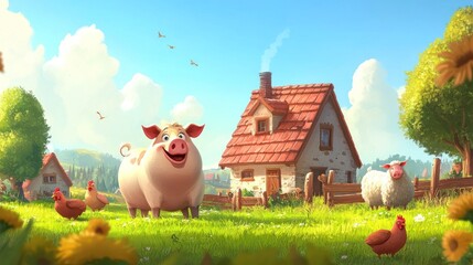 Happy farm animals in a countryside setting
