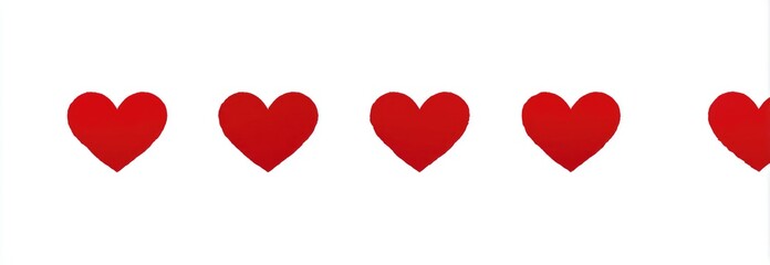 Five red hearts aligned horizontally on a white background