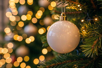 Christmas tree ornament hanging with lights bokeh for festive holiday celebration background decoration