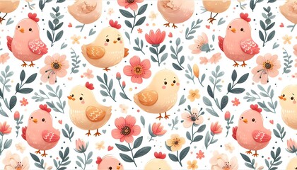 Floral seamless pattern with cute cartoon chickens on white background
