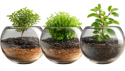 Three small, potted plants in clear glass bowls, showcasing different growth stages and types against a white background.  The bowls contain dark soil and a lighter, possibly drainage, layer