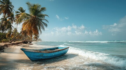 Fototapeta premium A weathered blue boat rests on a pristine sandy beach, nestled beneath the shade of leaning palm trees against a backdrop of a vibrant turquoise ocean and a clear sky