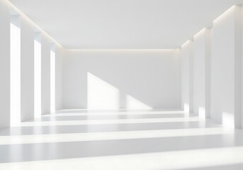 Obraz premium Bright, minimalist, all-white modern interior space with natural light streaming through windows.