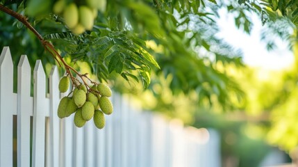 Fresh green fruits on a branch over a white picket fence