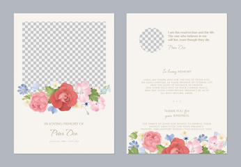 Floral memorial card template, featuring floral arrangement with pink, red, and blue flowers on a light brown background