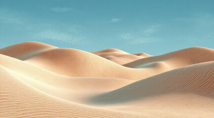 Undulating sand dunes stretch across a vast desert landscape under a clear, pale blue sky. The scene is serene and evokes a sense of calm and solitude