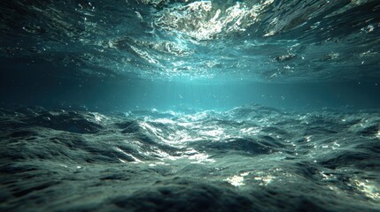 Underwater Ocean Scene with Sunlight Penetrating Blue Water Surface and Marine Environment, Calm and Clear Deep Sea View