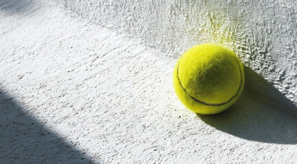A single tennis ball rests against a light-grey textured wall in sunlight, casting a shadow