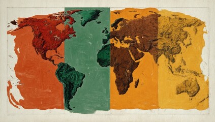 An antique-style world map is divided into four color-coded sections, possibly representing geographical zones or climate regions.  
