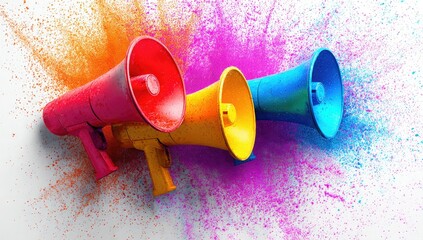 Three vibrant megaphones, red, yellow, and blue, are positioned against a white backdrop splashed with a vibrant explosion of multicolored powder