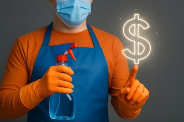 Person in mask and gloves points to glowing dollar sign representing cleaning service costs
