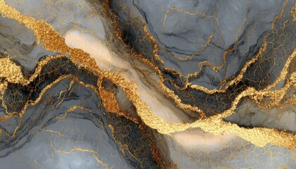 Abstract art featuring a swirling blend of gray and beige tones, accented by intricate gold vein-like patterns, creating a luxurious and textured effect