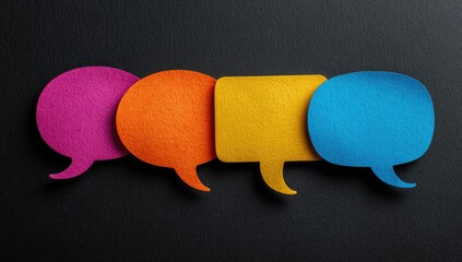 Four colorful felt speech bubbles arranged in a row against a dark background, representing communication or dialogue