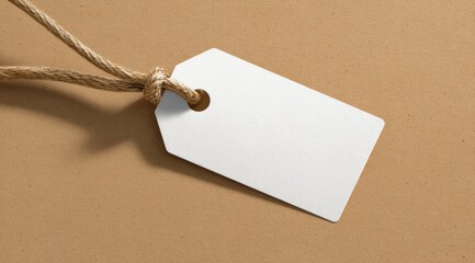A blank white tag with a hole and tied jute string rests on a light brown background, casting a subtle shadow