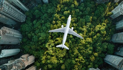 An aerial view shows a passenger airplane flying over a large, verdant park nestled within a dense urban cityscape