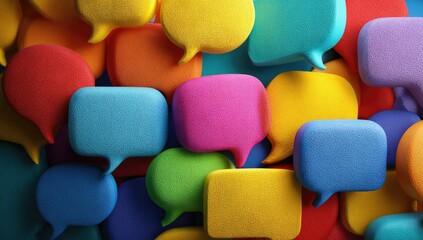 A dense collection of colorful, textured speech bubbles, varying in size and shade, create a vibrant, abstract background