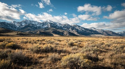 Expansive vista of a high-desert plain, golden grasses stretching to snow-capped mountains under a vibrant blue sky with scattered clouds