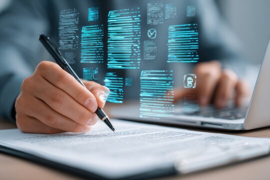 Person writing on document, holographic code overlay