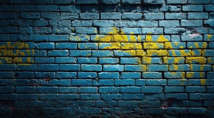 A brick wall painted with a stylized blue and yellow design, showing texture and variations in color. The paint appears somewhat distressed or weathered