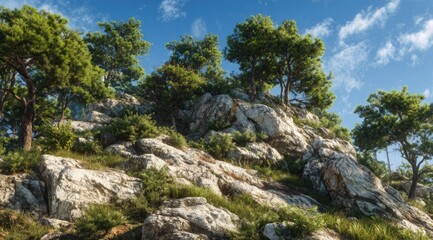 Sunlit hillside with rocky terrain and lush green pine trees under a vibrant blue sky