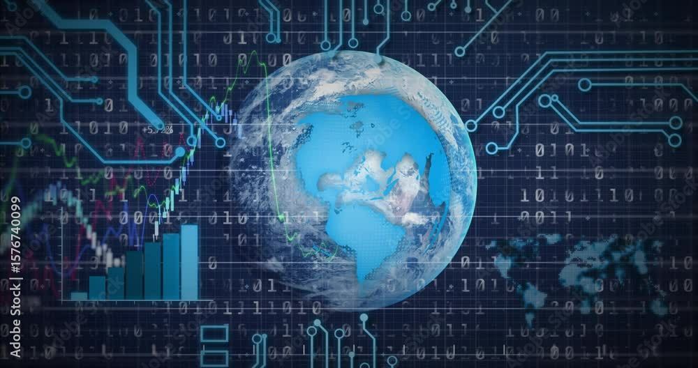 Poster glowing 3d earth starting view, streaming binary code traces, bar chart animating % line graph