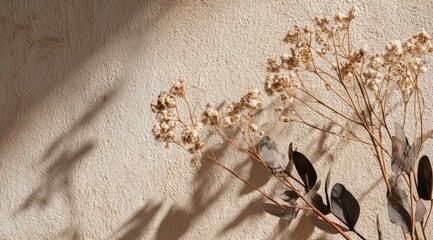 Dried flowers and eucalyptus leaves cast shadows on a textured beige surface, illuminated by warm sunlight