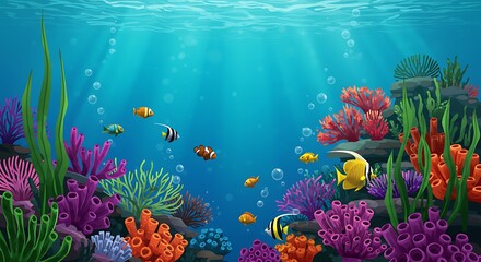 Vibrant Underwater World Illustration of Fish, Coral Reefs, and Marine Life in a Tranquil Ocean Scene