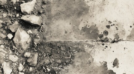 A sepia-toned close-up shot reveals a textured surface, possibly concrete, marred by cracks and stains. 
