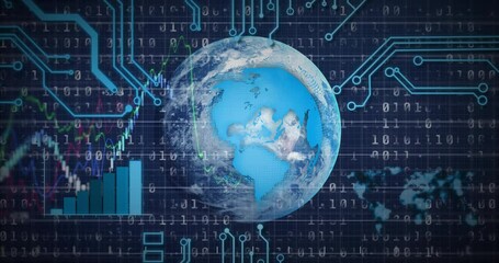 Glowing 3D Earth starting view, streaming binary code traces, bar chart animating % line graph - Powered by Adobe