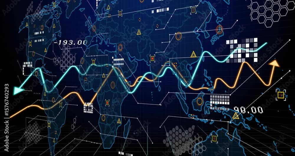 Poster world map appearing over grid, arrows tracing data flows, waves undulating to visualize analytics