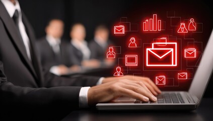 Businessperson typing on laptop, email interface