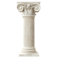 Elegant ionic column capital and shaft made of white marble with intricate carvings isolated on transparent background