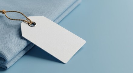 Blank white tag attached to folded blue fabric with twine