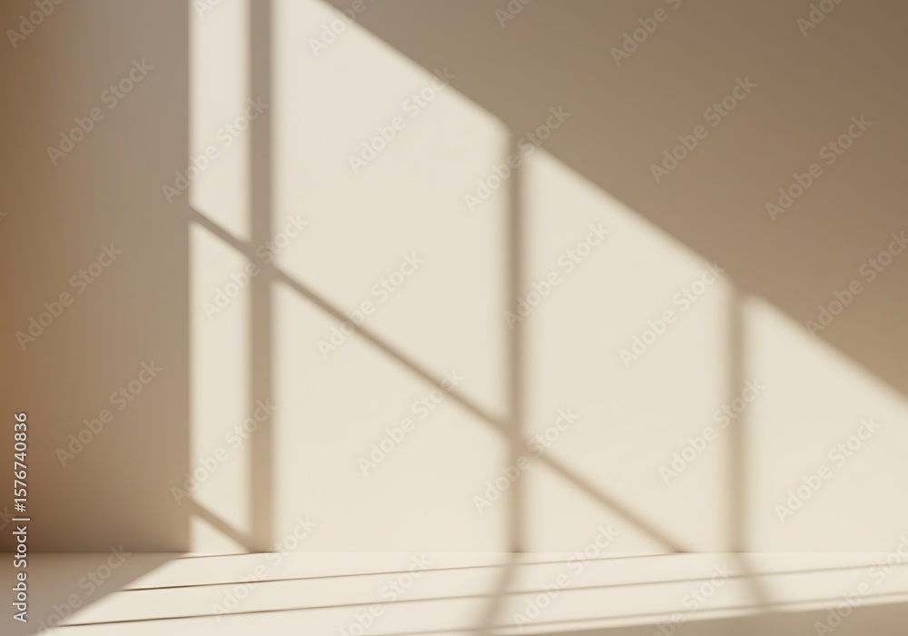 Poster sunlight streams through a window, casting a geometric pattern of light and shadow on a beige wall a