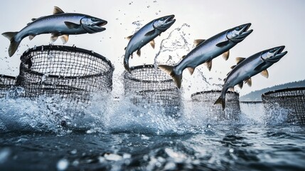 Obraz premium Several fish leaping from water over round netted structures