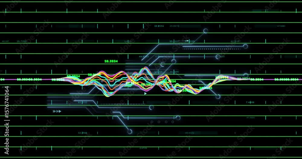 Poster baseline starting colored waveform undulating with hud highlighting data compressing reconverging