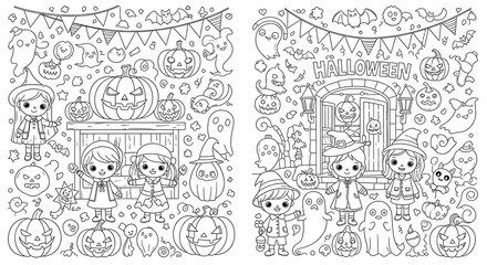 Cute halloween coloring page with children pumpkins ghosts and bats isolated on transparent background