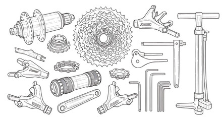 Bicycle Parts and Tools Line Art.