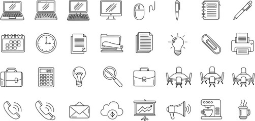 A set of simple, hand-drawn doodle icons representing business, communication, and office work.