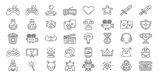 A large collection of hand-drawn doodle icons related to fantasy, gaming, and medieval themes.