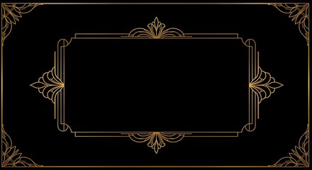 Elegant Art Deco Frame for Invitations and Creative Designs, Gold on Black Backdrop, with Vintage Border Ornament