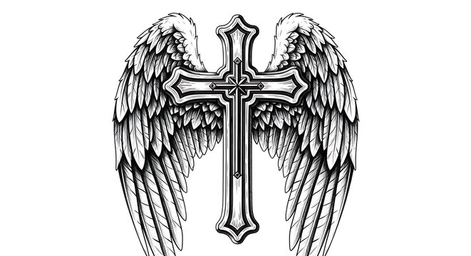 Detailed artistic depiction of a Christian cross adorned with feathered angel wings on a clean white background.