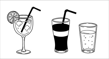 Assorted black and white outline vector art of refreshing beverages: a cocktail with ice and lemon, a layered drink with a straw, and sparkling water in glasses.