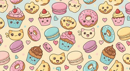 Delightful Cartoon Bakery Pattern Seamless Design with Kawaii Cupcakes, Donuts, and Macarons for Sweet Backgrounds